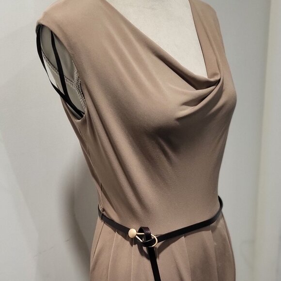 Calvin Klein Size 4 Tan Sleeveless, Belted Dress, Cowl Neck - Picture 2 of 7